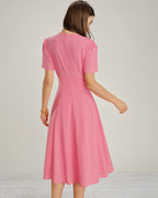 Pink V-Neck Midi Dress with Ruched Detailing and Button Accents