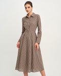 Brown Checkered A-Line Midi Dress