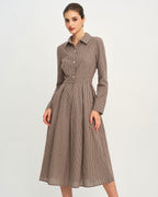 Brown Checkered A-Line Midi Dress