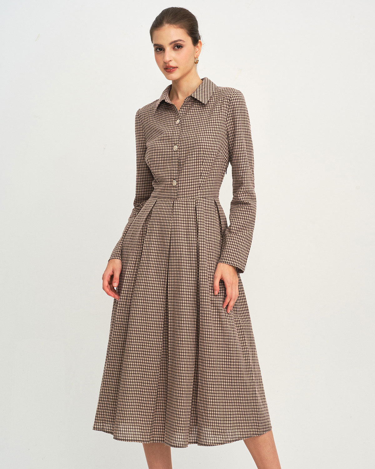 Brown Checkered A-Line Midi Dress