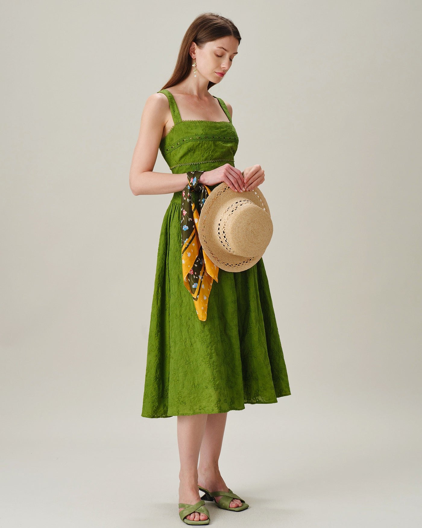 Emerald Lace Midi Dress with Square Neckline