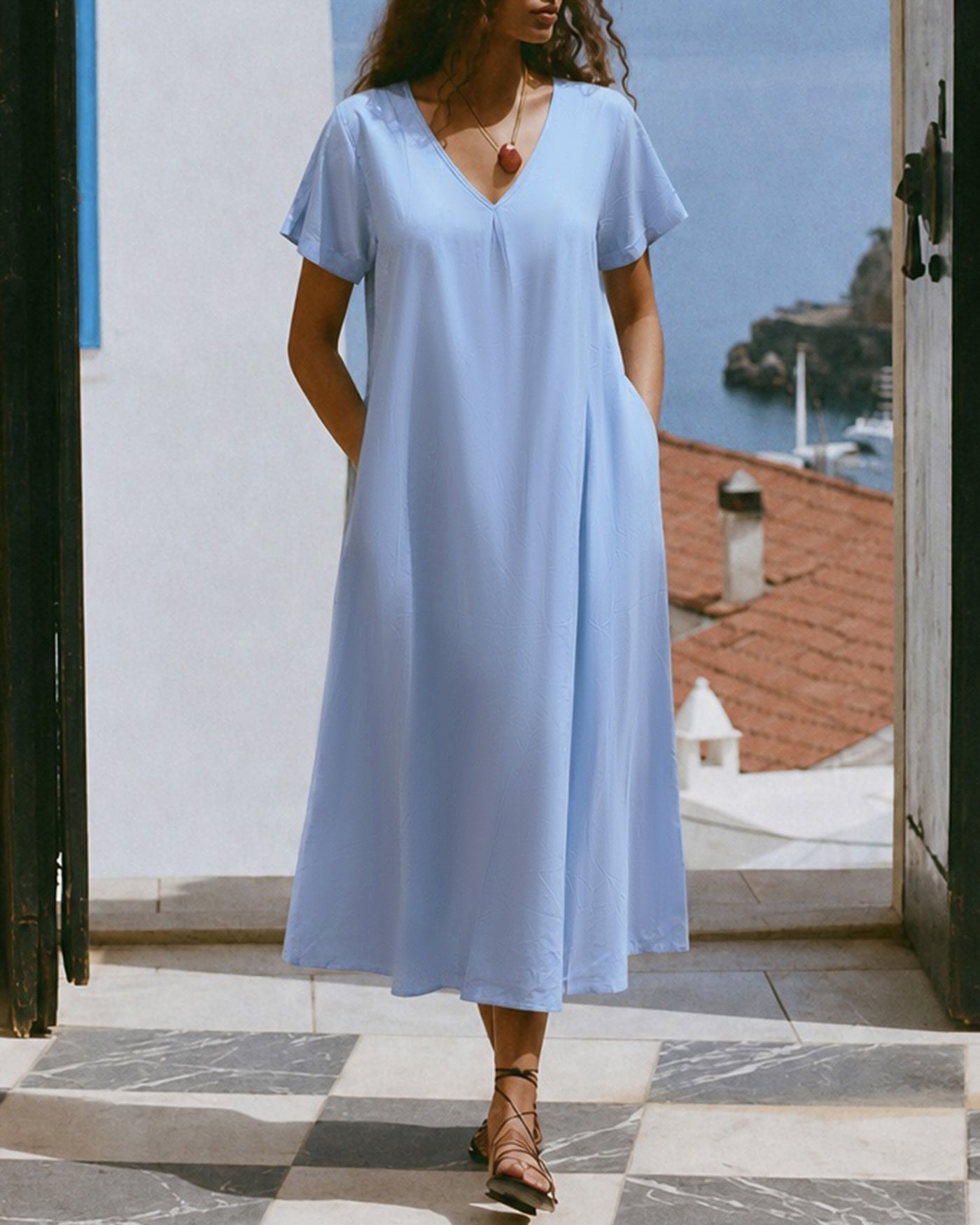 Blue V-Neck Midi Dress with Pockets