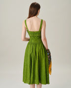 Emerald Lace Midi Dress with Square Neckline