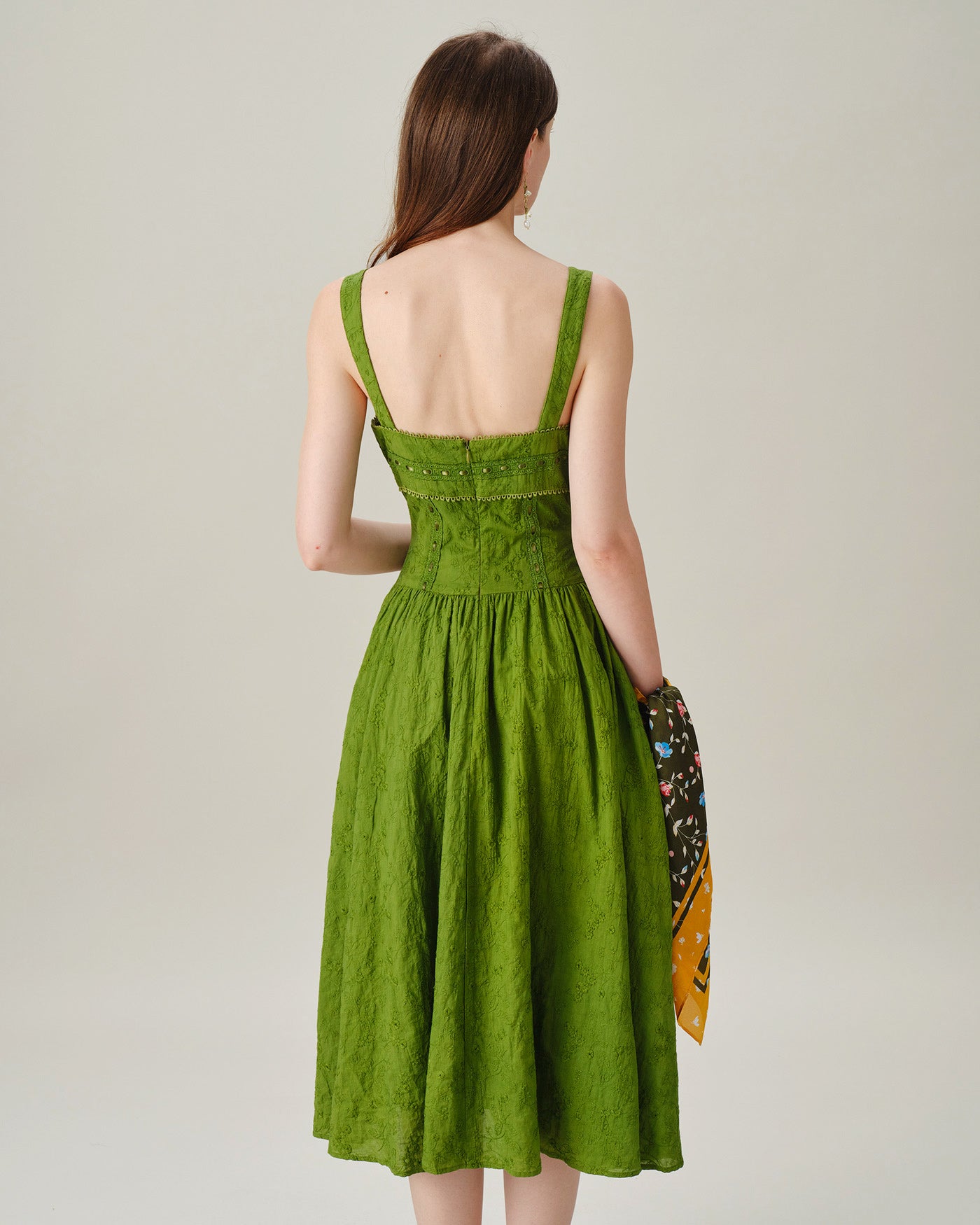 Emerald Lace Midi Dress with Square Neckline
