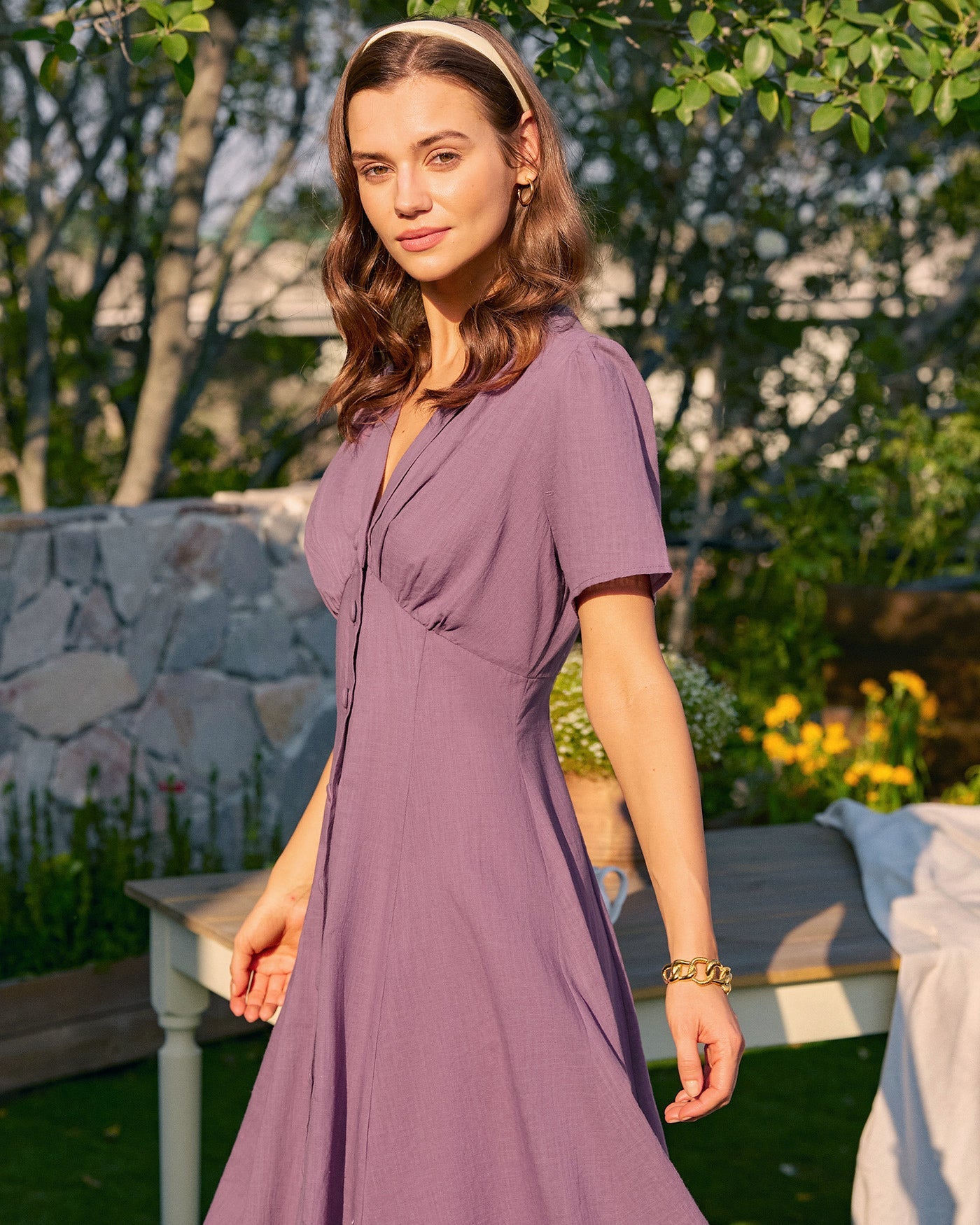 V-Neck Midi Dress in Purple with Button Details