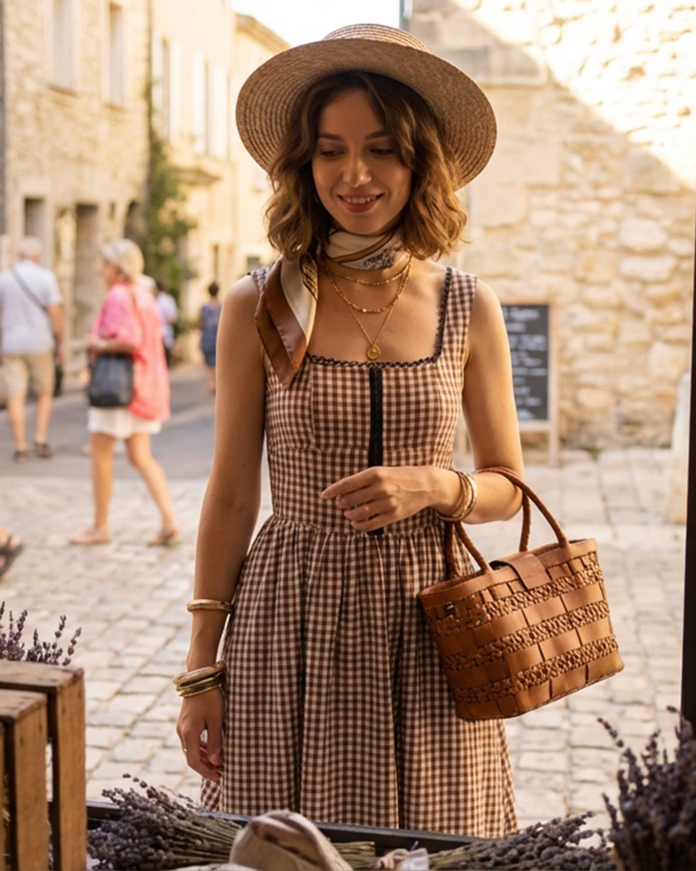 Brown Plaid Sleeveless Midi Dress" can be rewritten as "Sleeveless Midi Dress in Brown Plaid" or "Brown Plaid Midi Dress Without Sleeves.