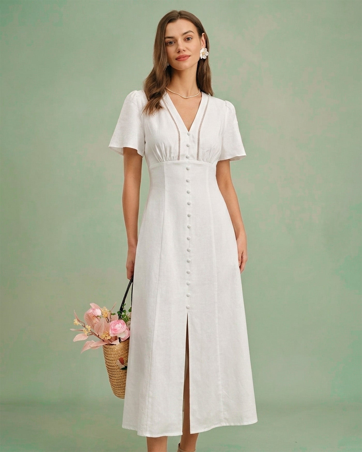 White A-Line Midi Dress with V-Neck and Button Details