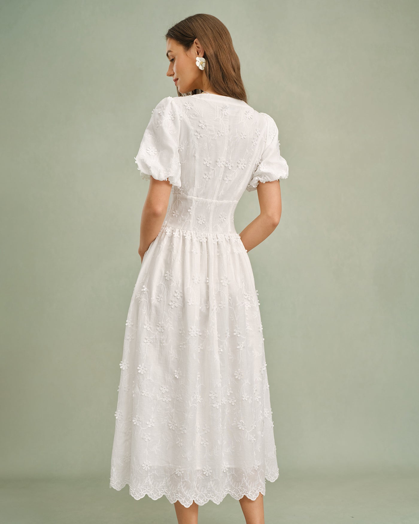 Floral Midi Dress with White Round Neck