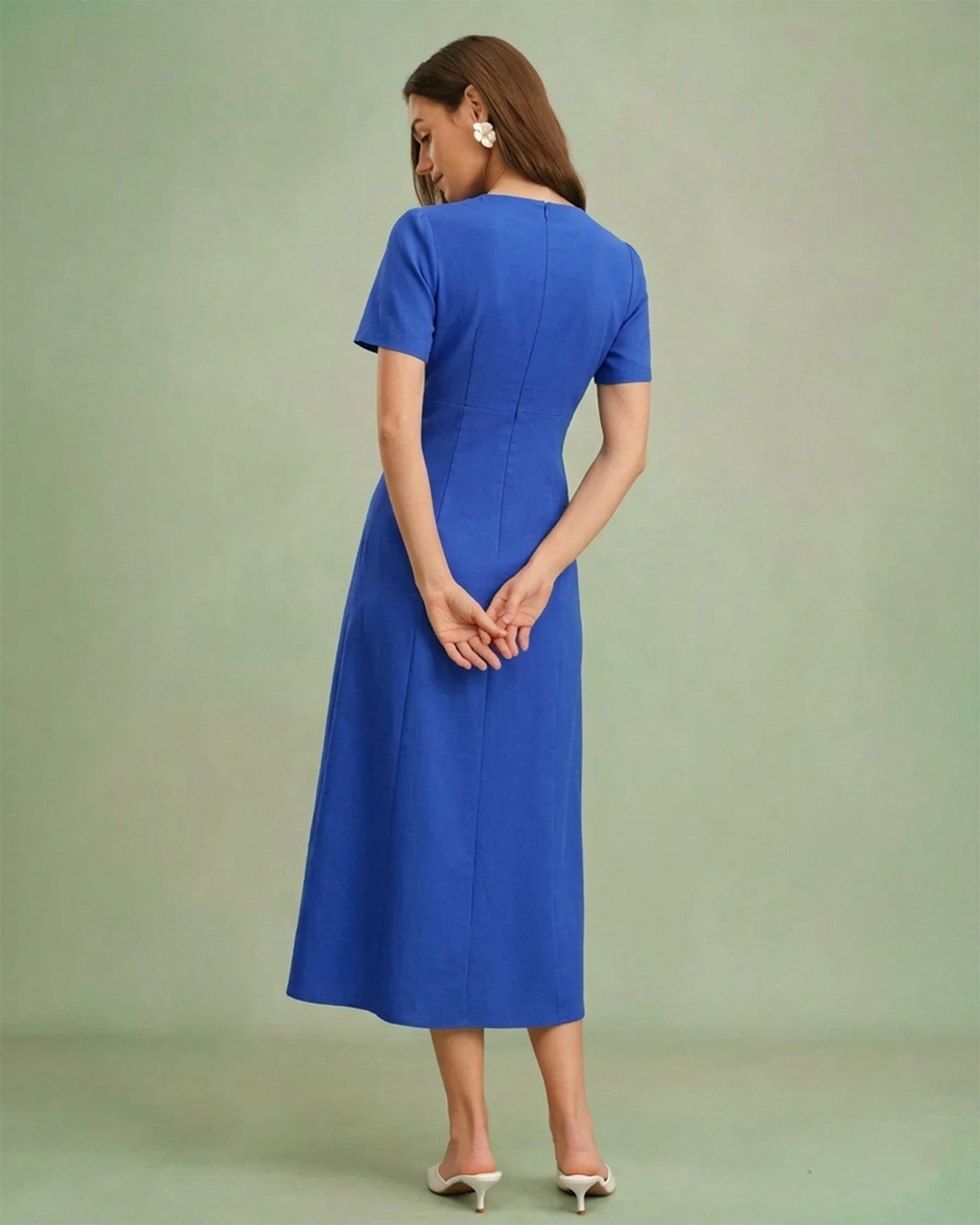 Blue A-Line Midi Dress with V-Neck and Button Details