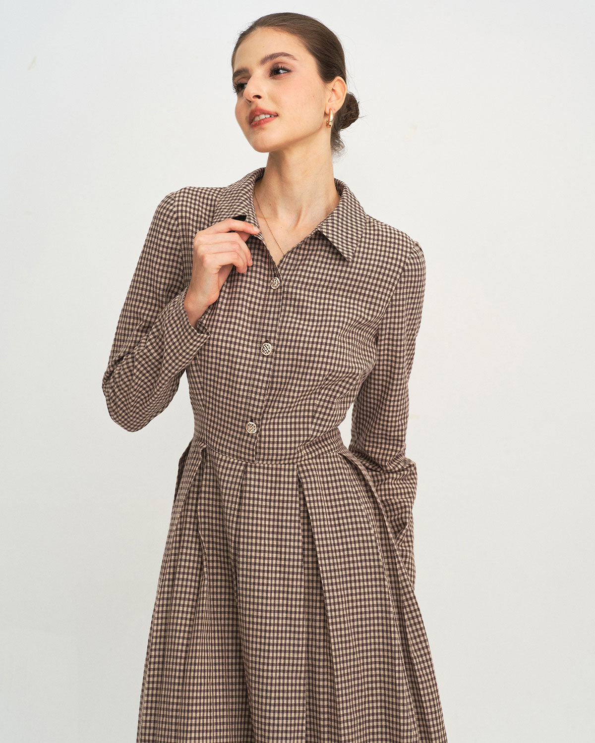 Brown Checkered A-Line Midi Dress