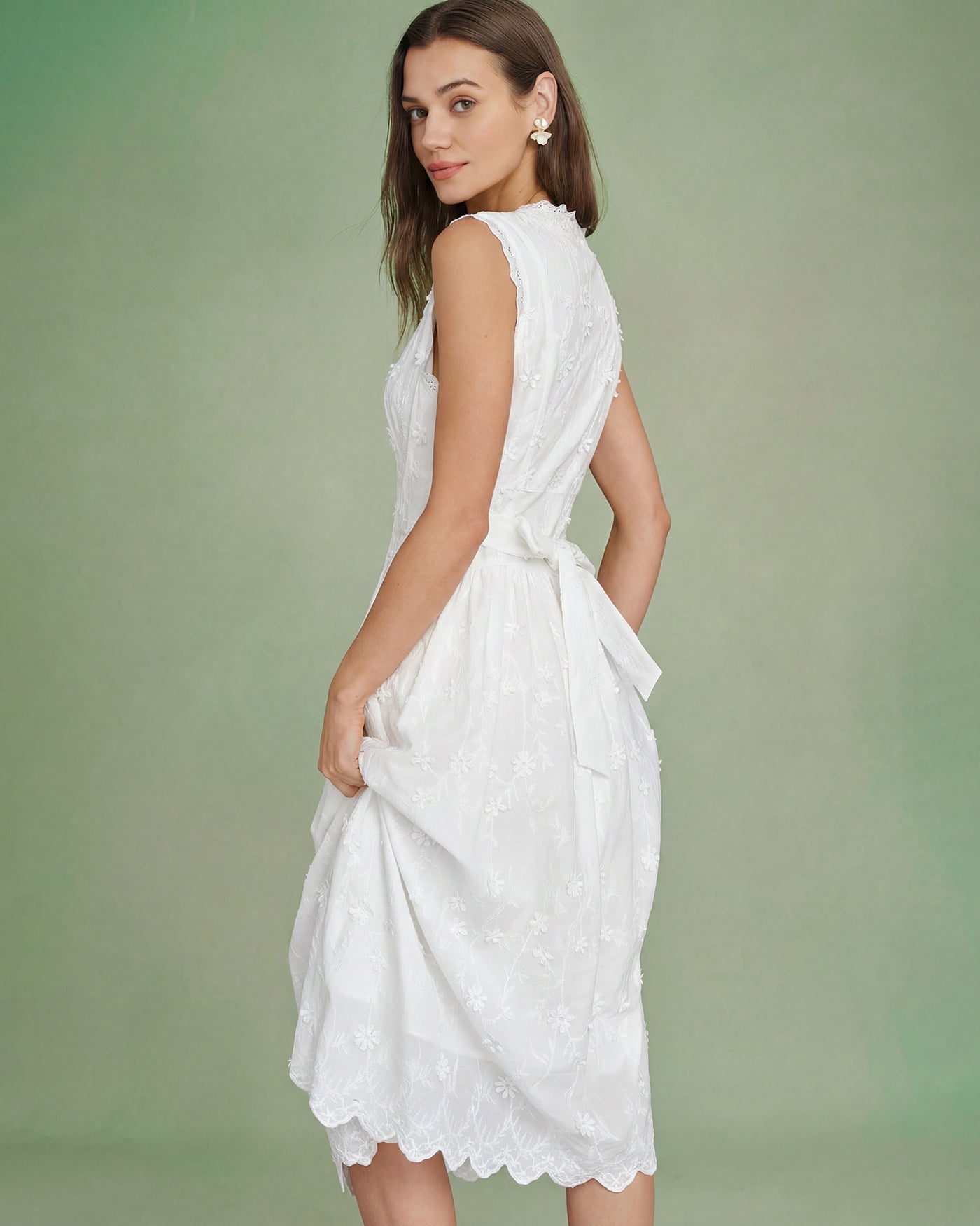 Embroidered White V-Neck Midi Dress