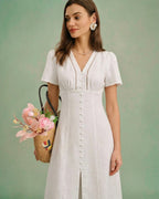 White A-Line Midi Dress with V-Neck and Button Details