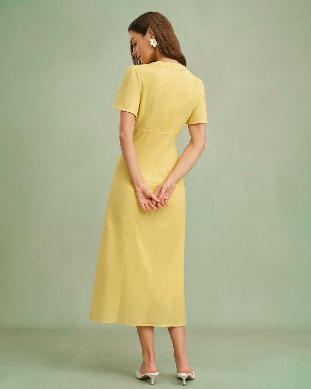 Yellow V-Neck Midi Dress with Buttons