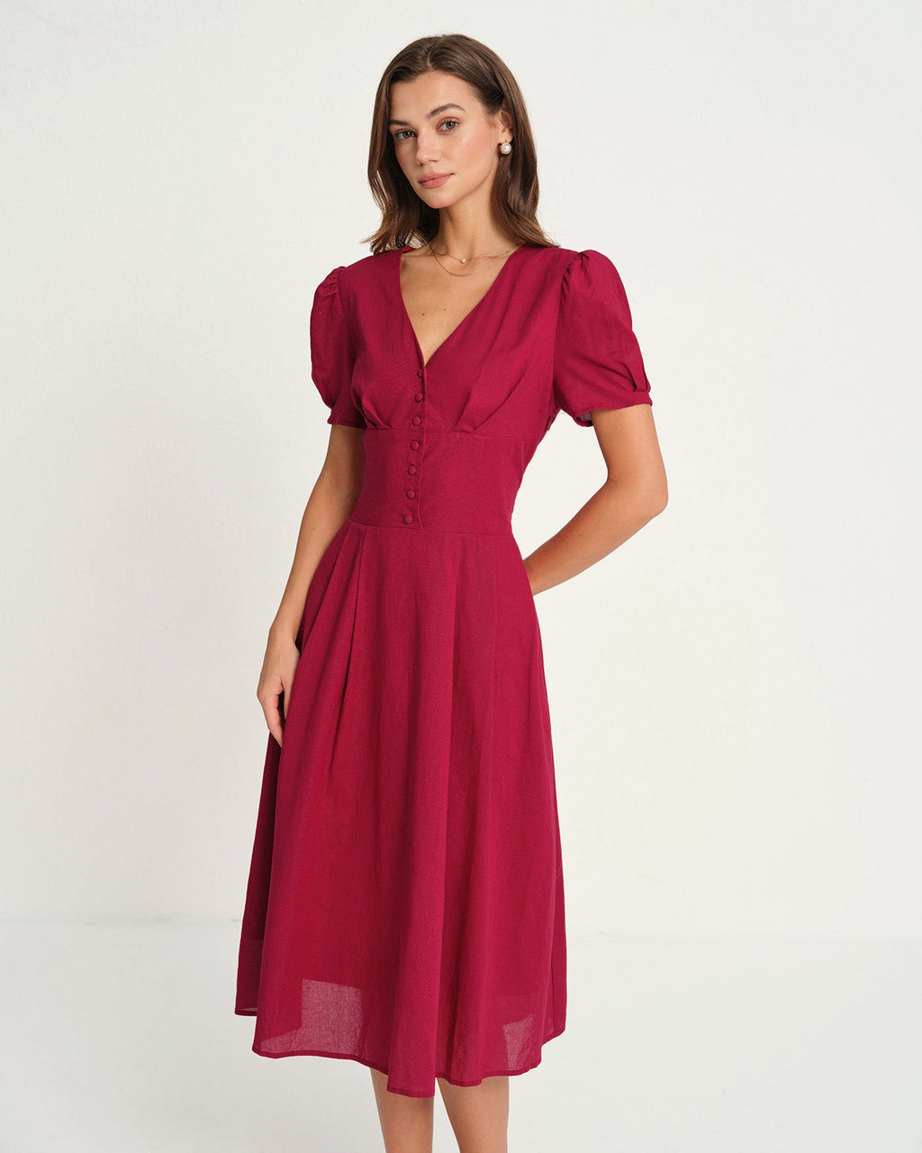 Crimson V-Neck Midi Dress
