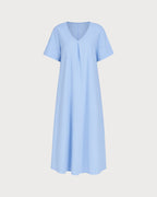 Blue V-Neck Midi Dress with Pockets