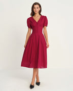 Crimson V-Neck Midi Dress