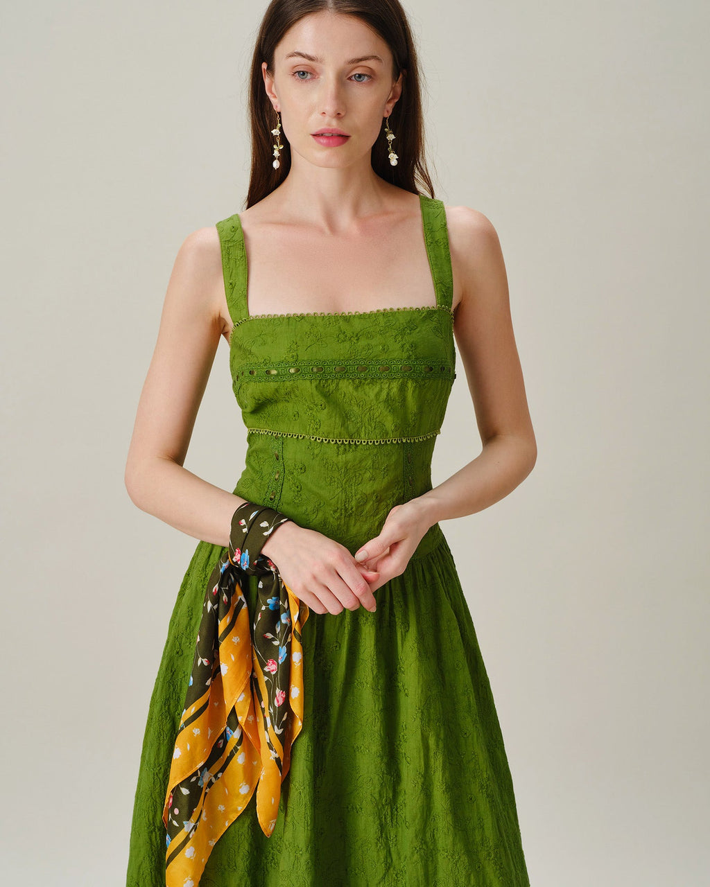 Emerald Lace Midi Dress with Square Neckline
