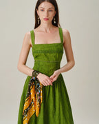 Emerald Lace Midi Dress with Square Neckline