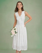 Embroidered White V-Neck Midi Dress