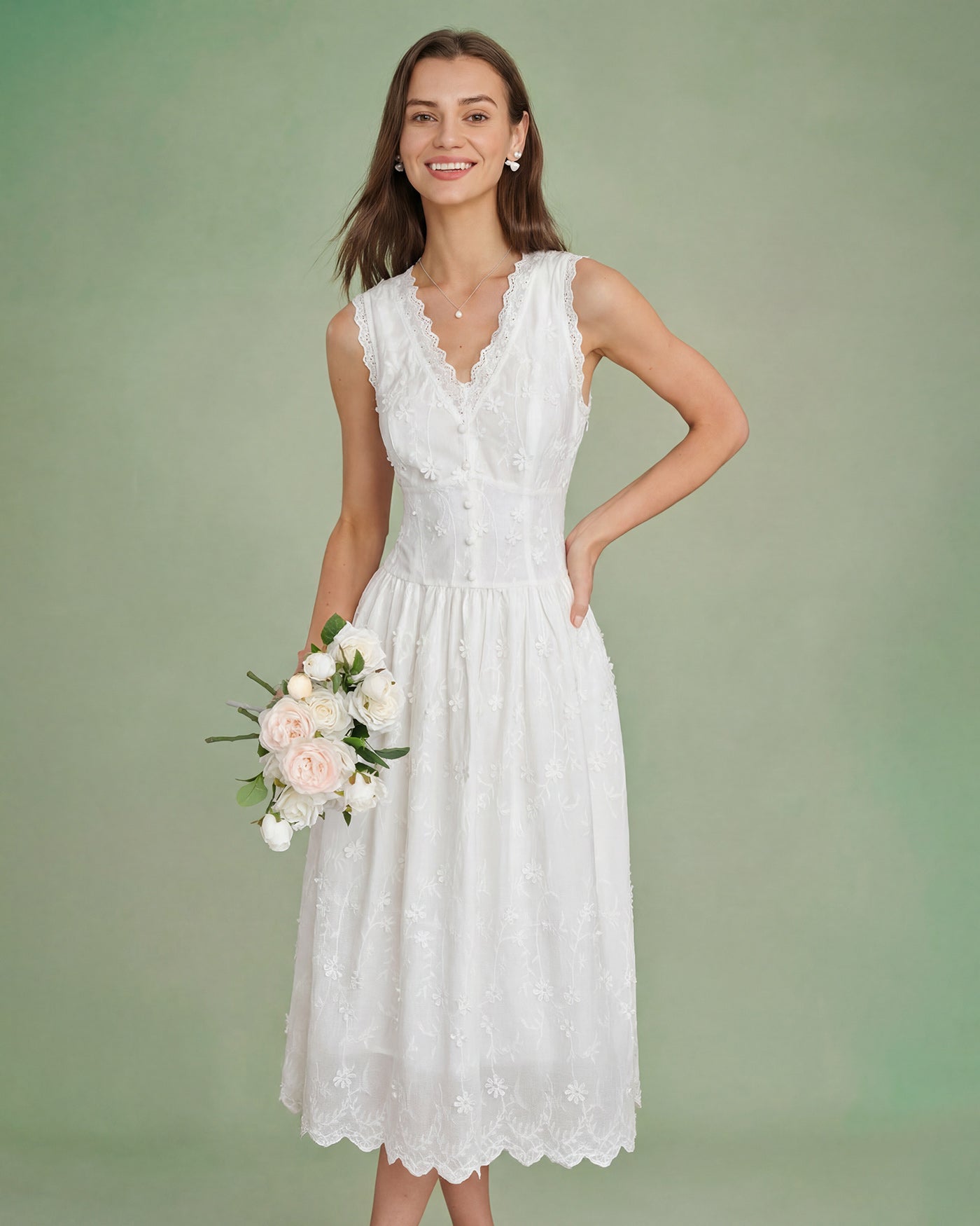 Embroidered White V-Neck Midi Dress