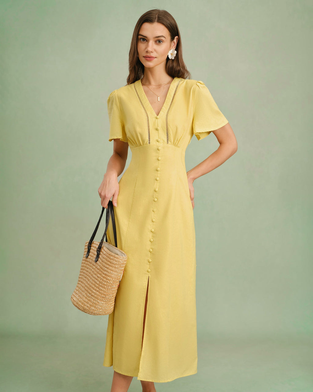 Yellow V-Neck Midi Dress with Buttons