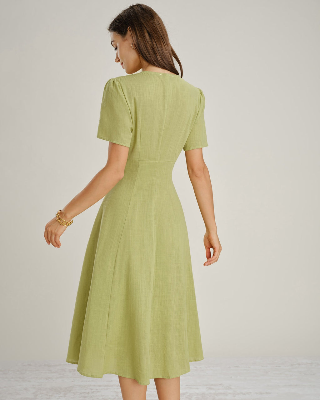 Green V-Neck A-Line Midi Dress with Buttons