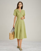 Green V-Neck A-Line Midi Dress with Buttons