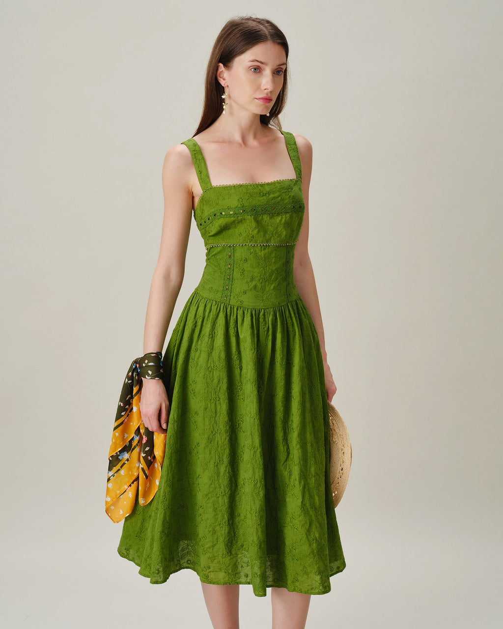 Emerald Lace Midi Dress with Square Neckline