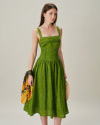 Emerald Lace Midi Dress with Square Neckline