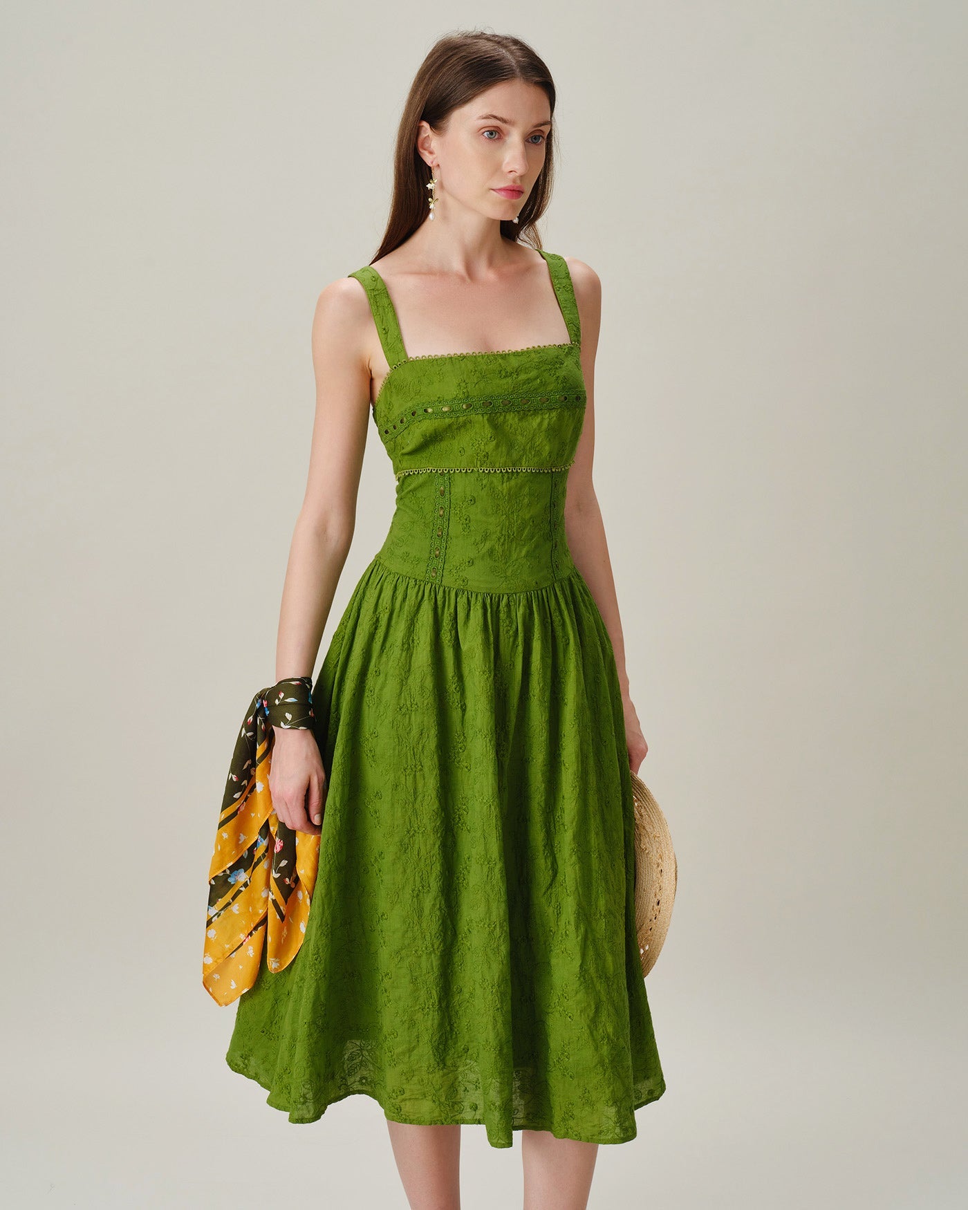 Emerald Lace Midi Dress with Square Neckline