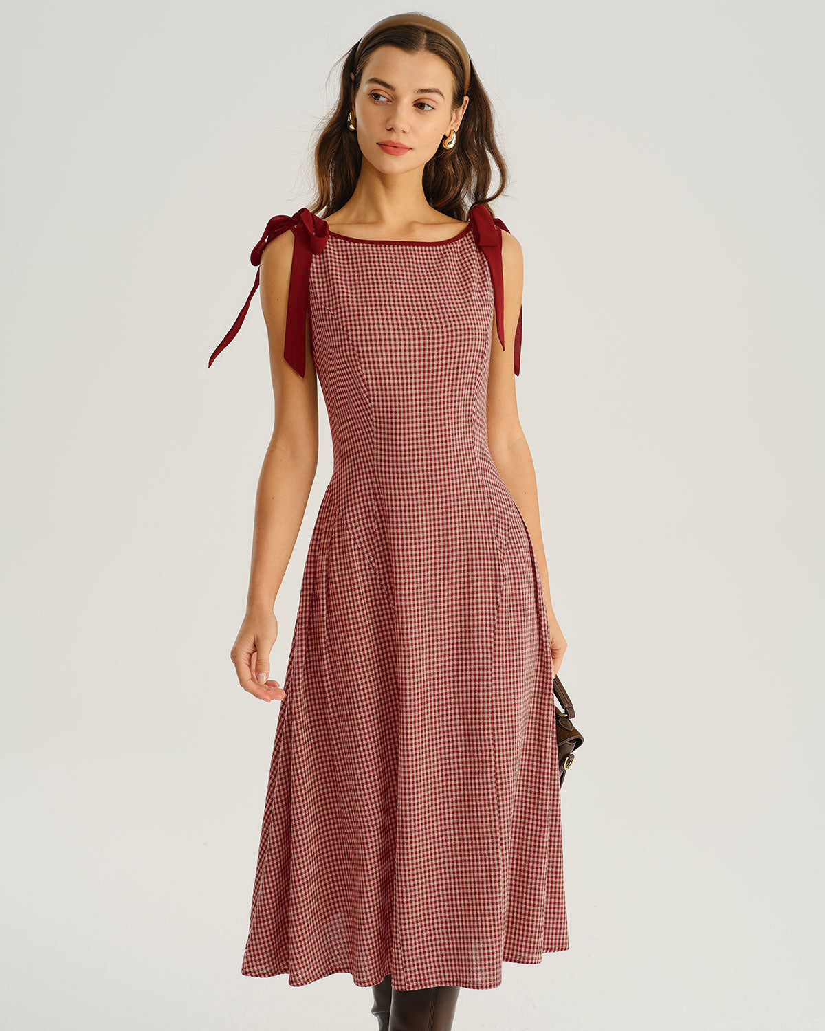 Red Gingham A-Line Midi Dress with Tie Straps