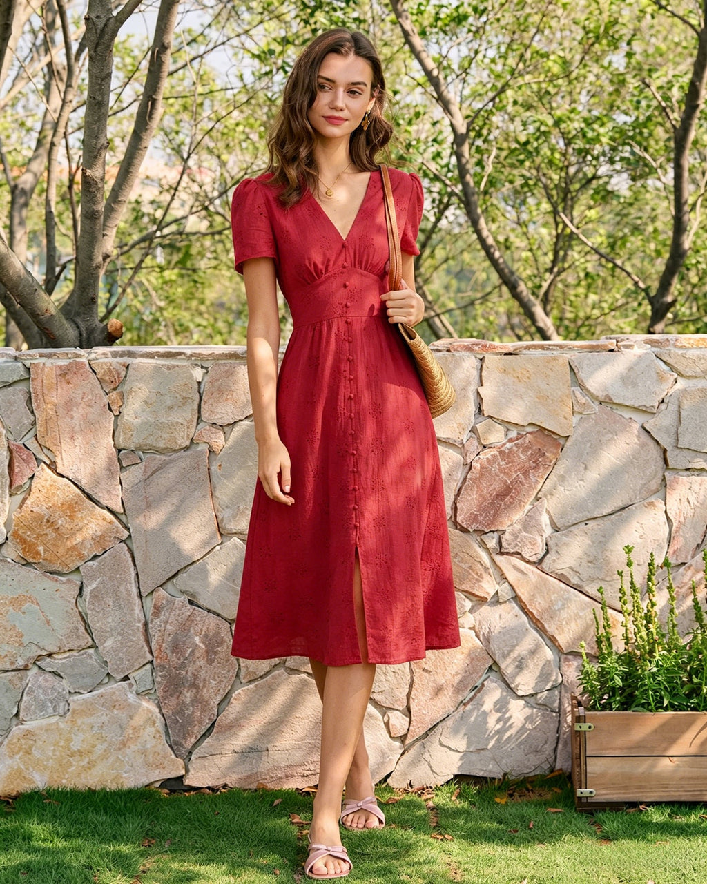 Embroidered Midi Dress with Red V-Neck
