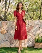 Embroidered Midi Dress with Red V-Neck