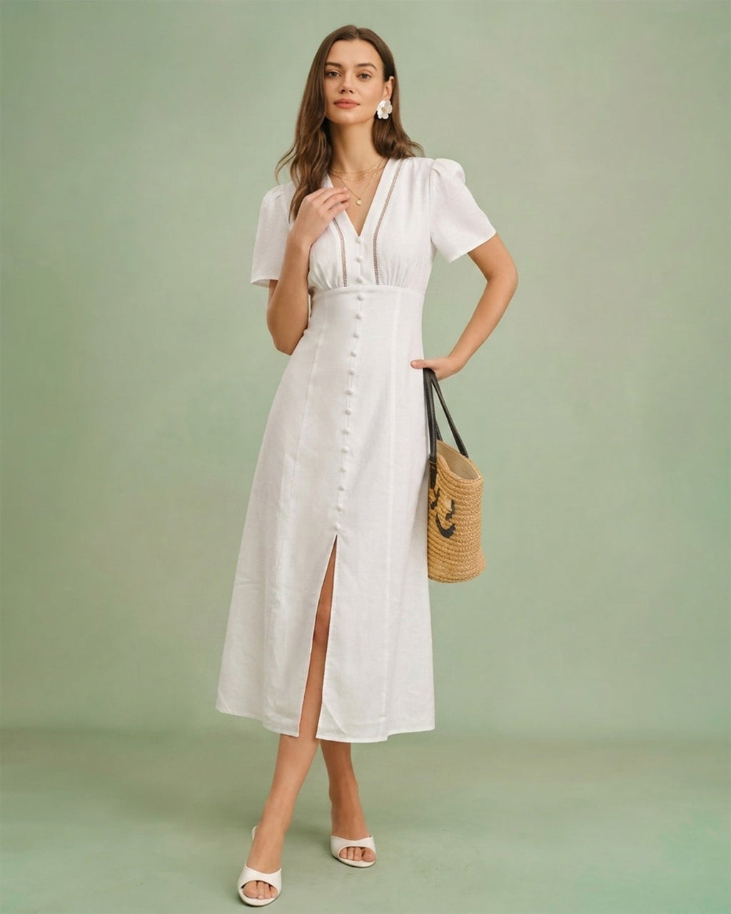 White A-Line Midi Dress with V-Neck and Button Details