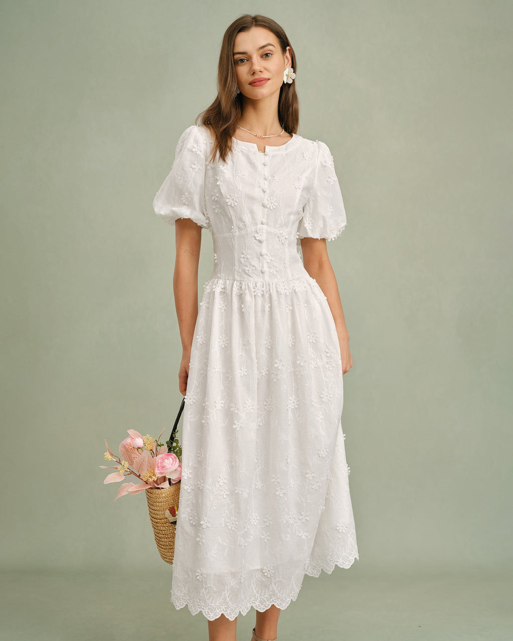 Floral Midi Dress with White Round Neck