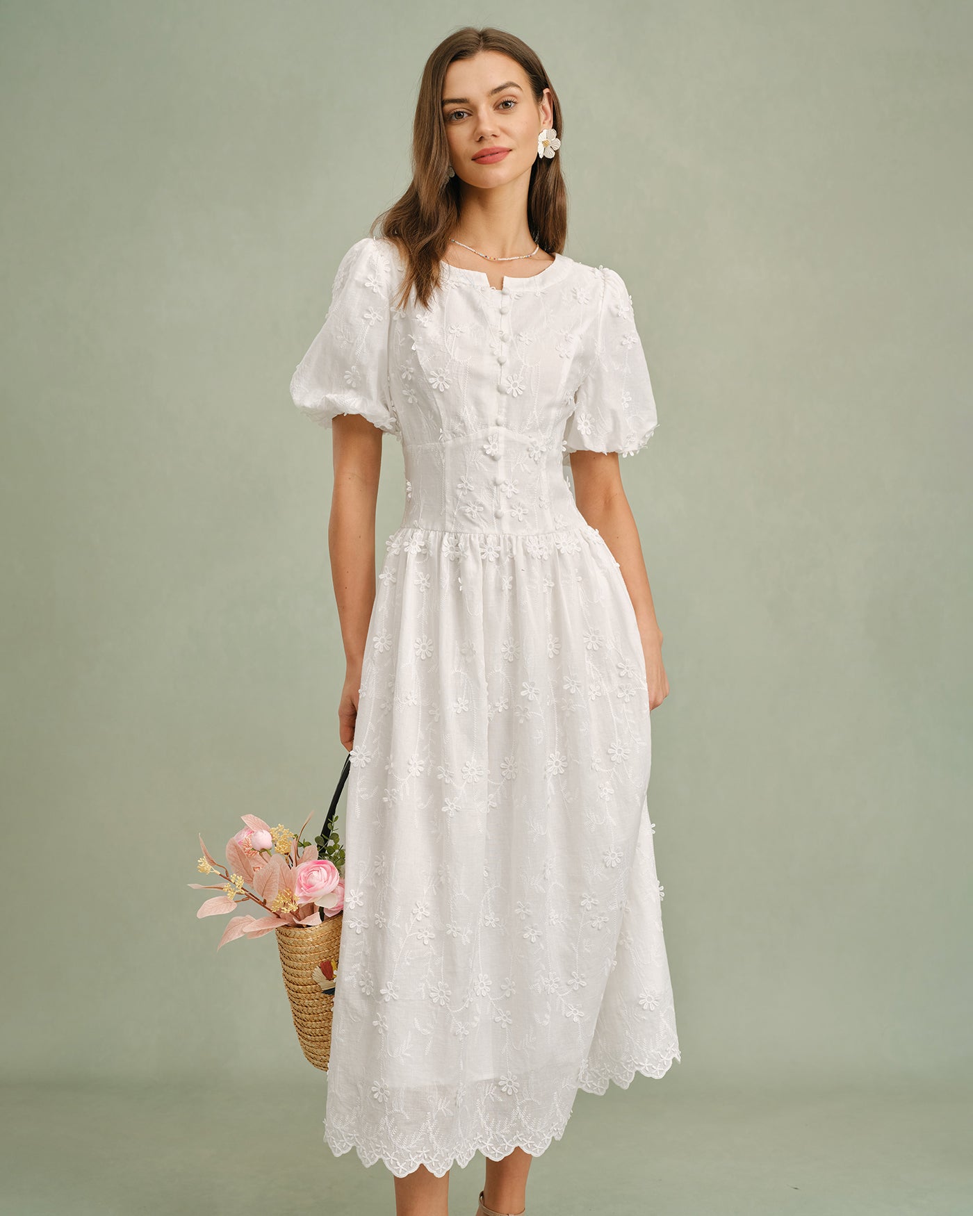 Floral Midi Dress with White Round Neck