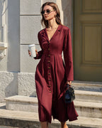 Wine Red Gathered A-Line Midi Dress