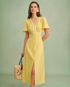 Yellow V-Neck Midi Dress with Buttons