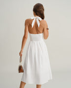 White Sleeveless Midi Dress with V-Neck Halter Design