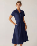 Navy Pocketed Short Sleeve Midi Dress