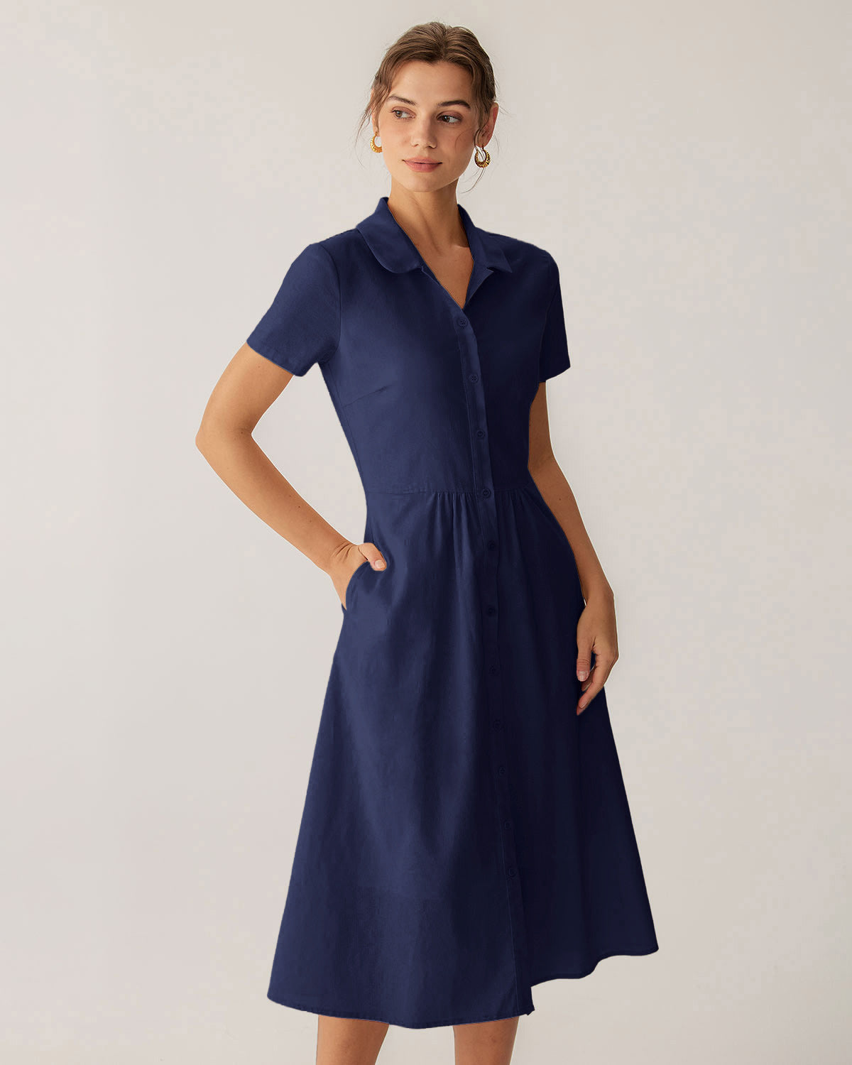 Navy Pocketed Short Sleeve Midi Dress