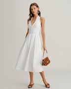 White Sleeveless Midi Dress with V-Neck Halter Design