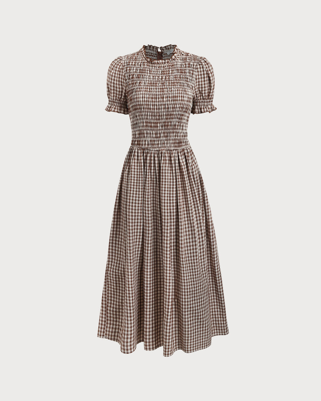 Coffee Checkered Midi Dress with Shirred Puffed Sleeves