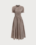 Coffee Checkered Midi Dress with Shirred Puffed Sleeves