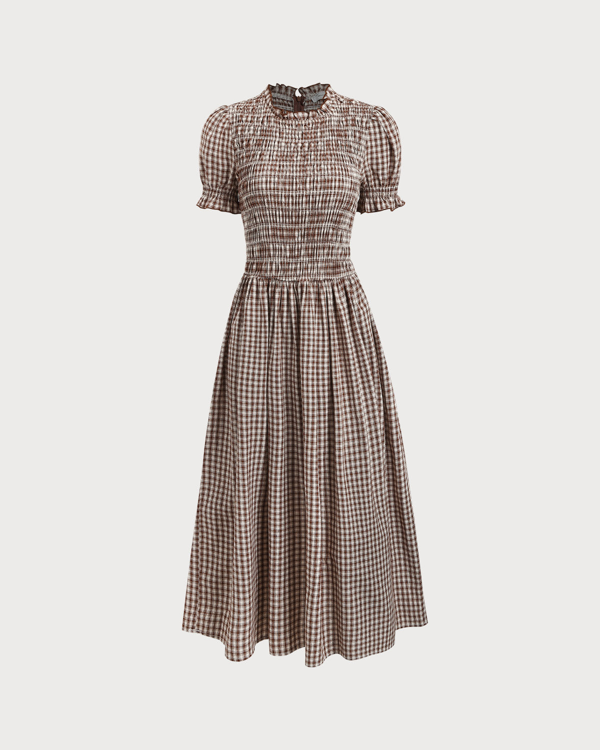 Coffee Checkered Midi Dress with Shirred Puffed Sleeves