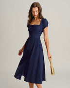 Navy A-Line Midi Dress with Square Neck and Short Sleeves