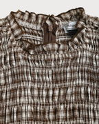 Coffee Checkered Midi Dress with Shirred Puffed Sleeves
