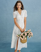 Embroidered Midi Dress with White Puffed Sleeves