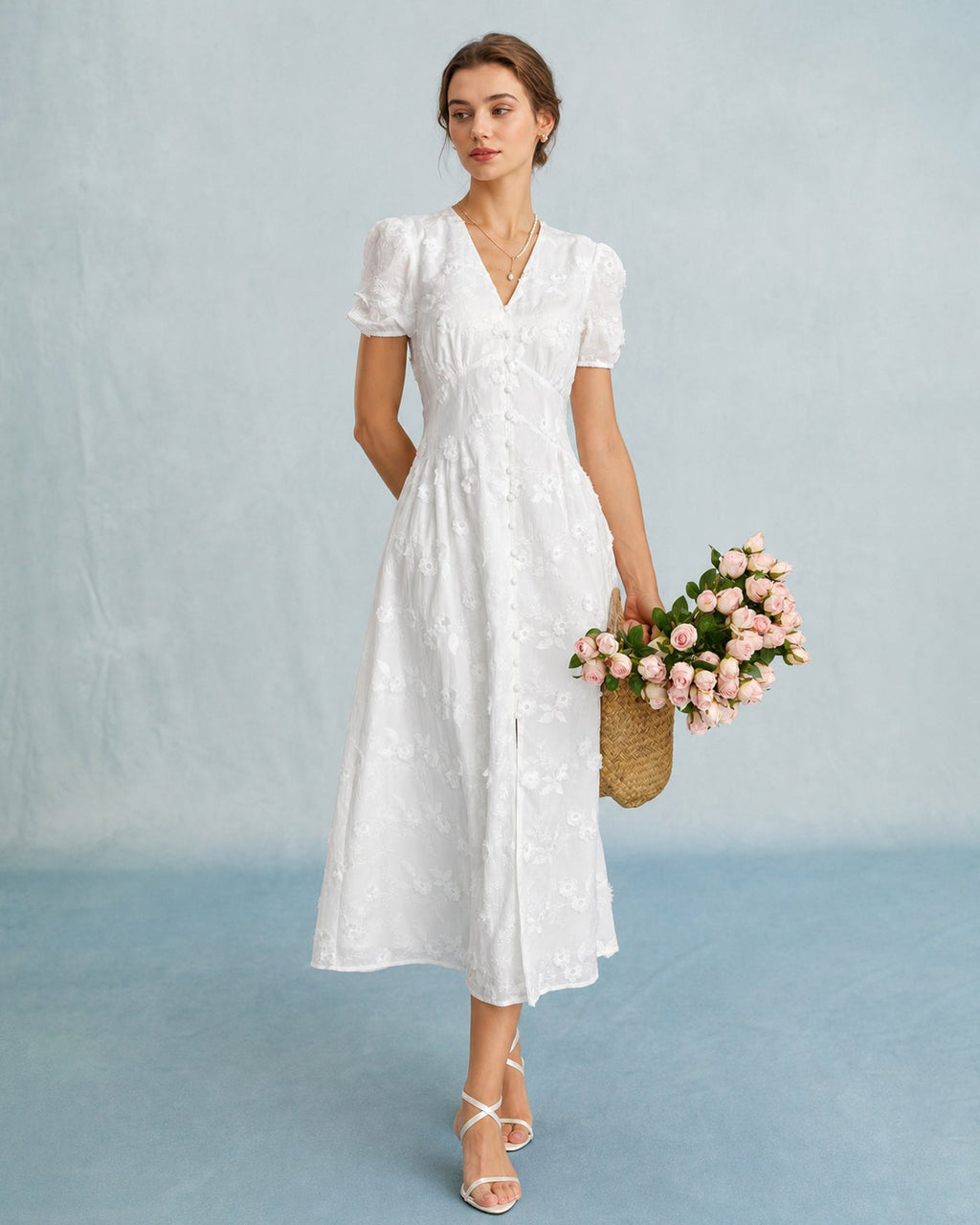 Embroidered Midi Dress with White Puffed Sleeves