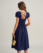 Navy A-Line Midi Dress with Square Neck and Short Sleeves